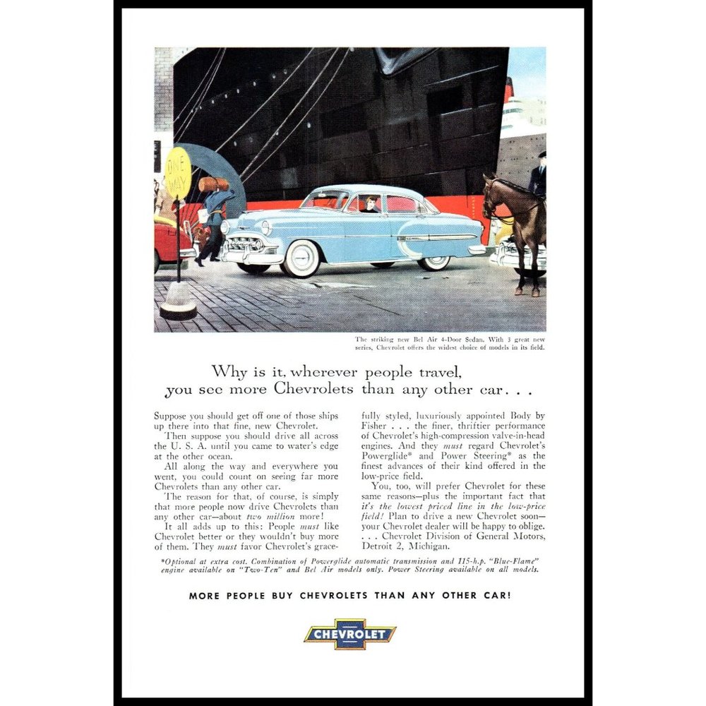 1953 Chevy Bel Air Sedan Vintage Print Ad Ocean Liners Port Horseback Wall Art